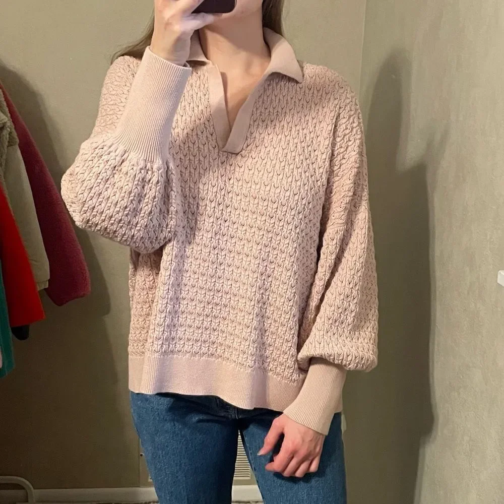 Mr Mittens Pointelle Knit Polo Sweater in Cameo Pink